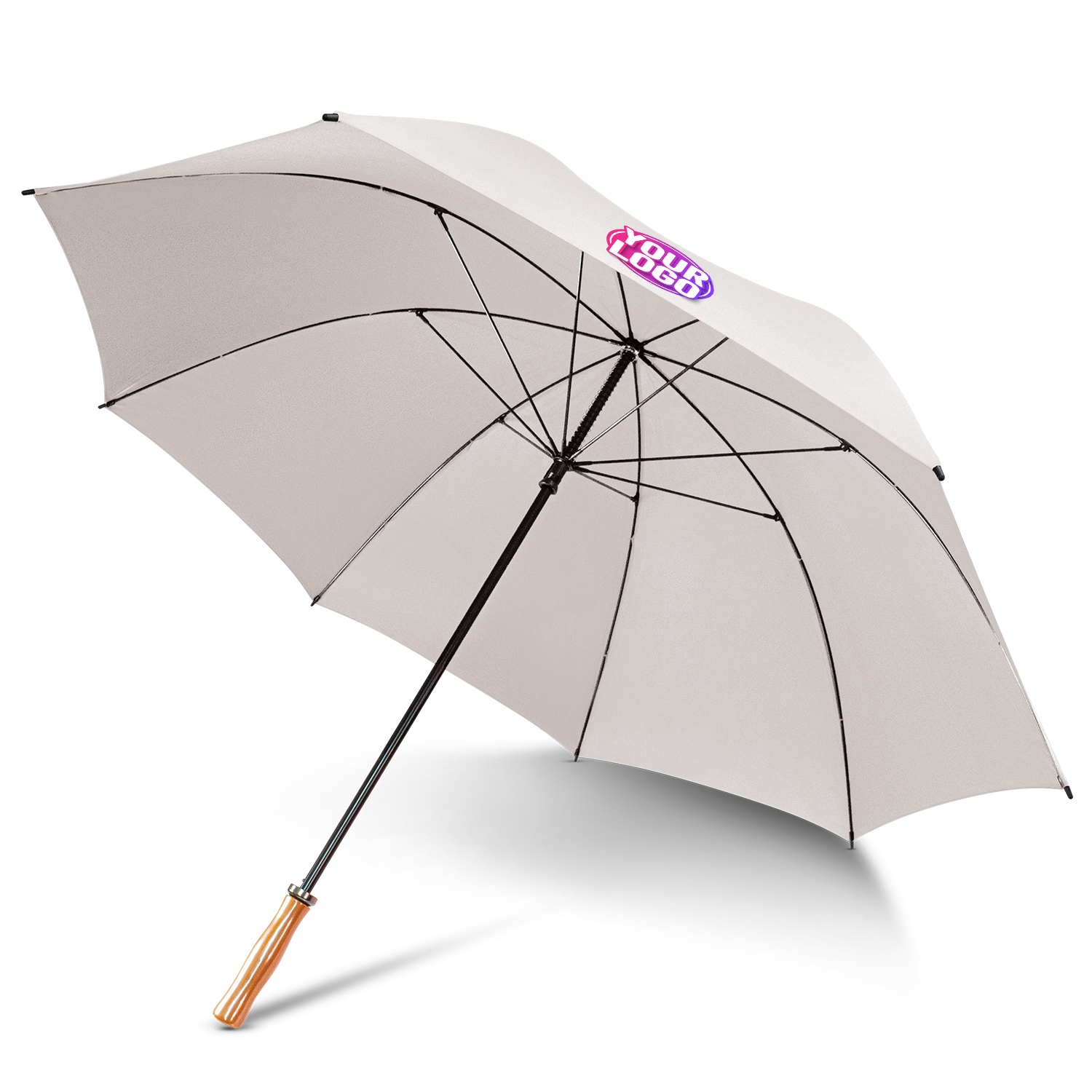 CUSTOM BRANDED - PEROS RainBrella PRO®️ Sports Umbrella with Windproof Fibreglass Frame, Black Electroplated Shaft - Classic Wooden Hand Grip - Solid Colours