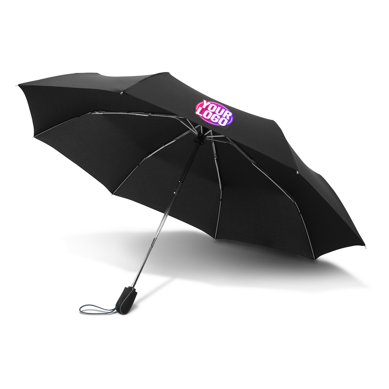 CUSTOM BRANDED - SWISS PEAK®️ TRAVELLER Premium Compact Umbrella With Wind Proof Fibreglass Frame - SMART Automatic Open & Close Push Button Technology