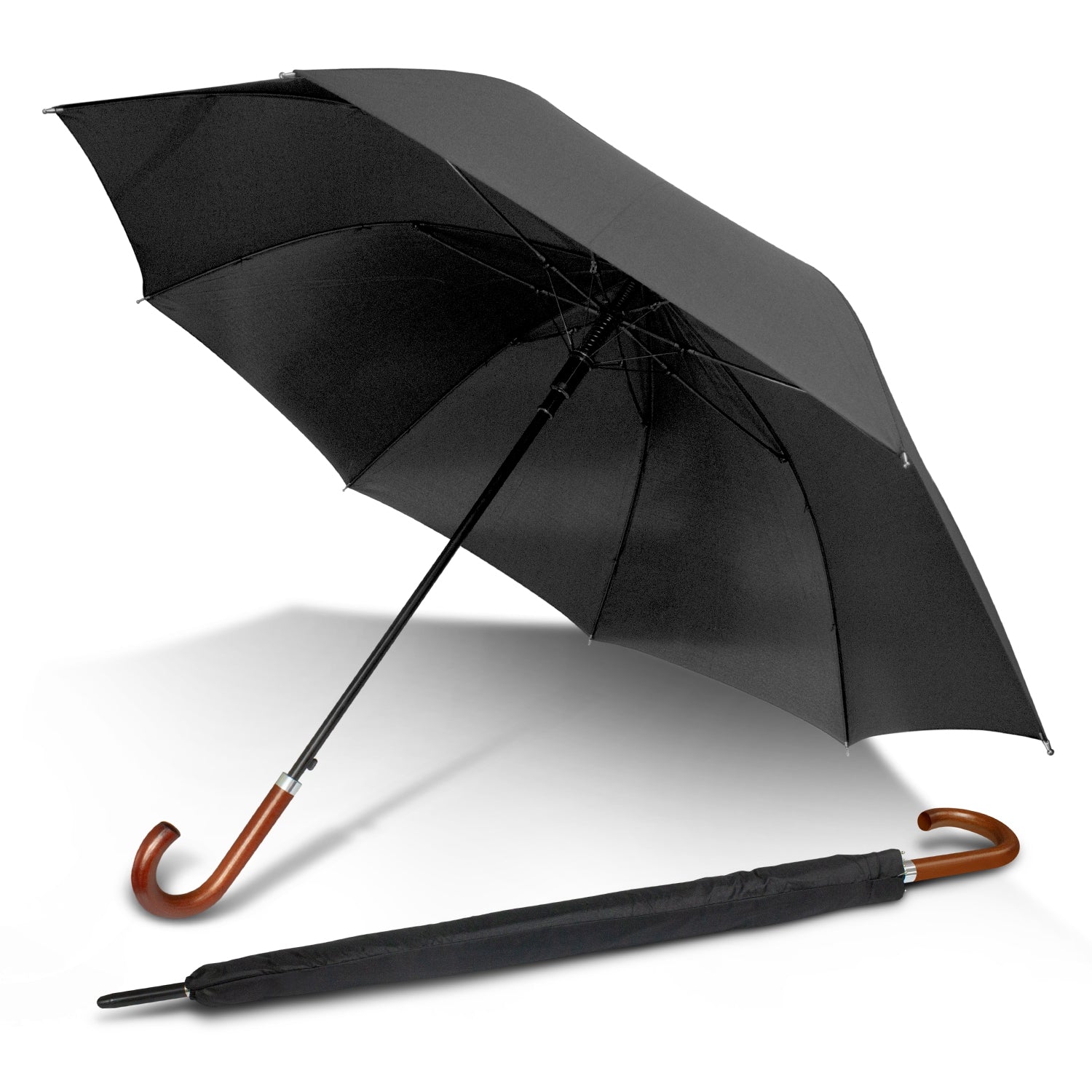 STORMPROOF®️ Corporate Executive Hook Umbrella With Premium Pongee Canopy, Wind Resistant Frame, Steel Shaft, With Auto-Open Push Button Feature - Premium Wooden Hook Handle