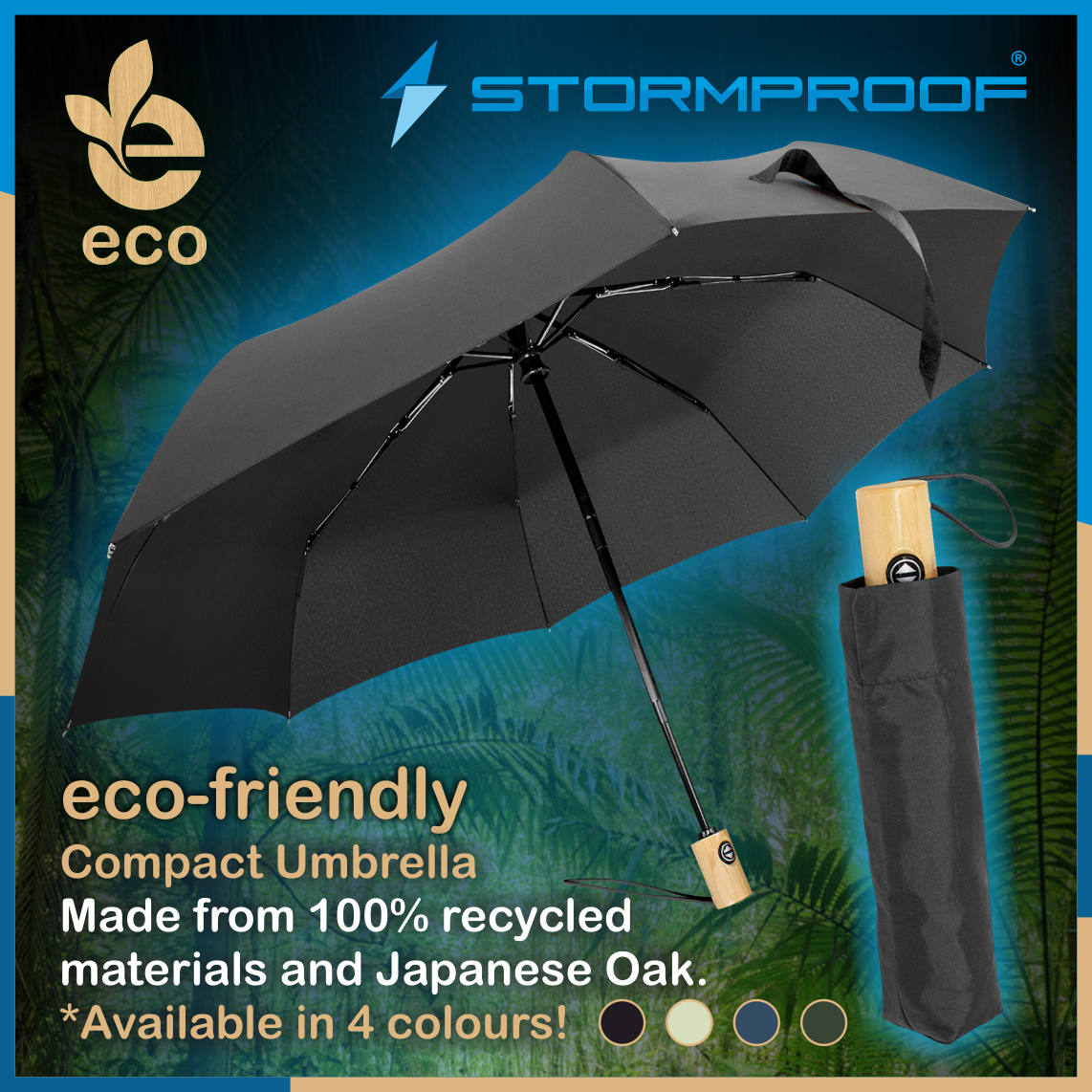 STORM PROOF ECO®️  (RPET) Personal Compact Travel Umbrella With Wind Proof Fibreglass Frame, Japanese Oak Handle & SMART Automatic Open/Close