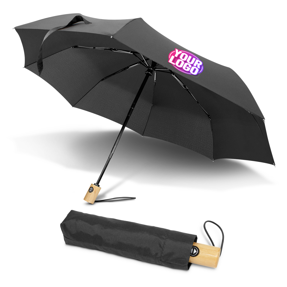 CUSTOM BRANDED - STORM PROOF ECO®️  (RPET) Personal Compact Travel Umbrella With Wind Proof Fibreglass Frame, Japanese Oak Handle & SMART Automatic Open/Close