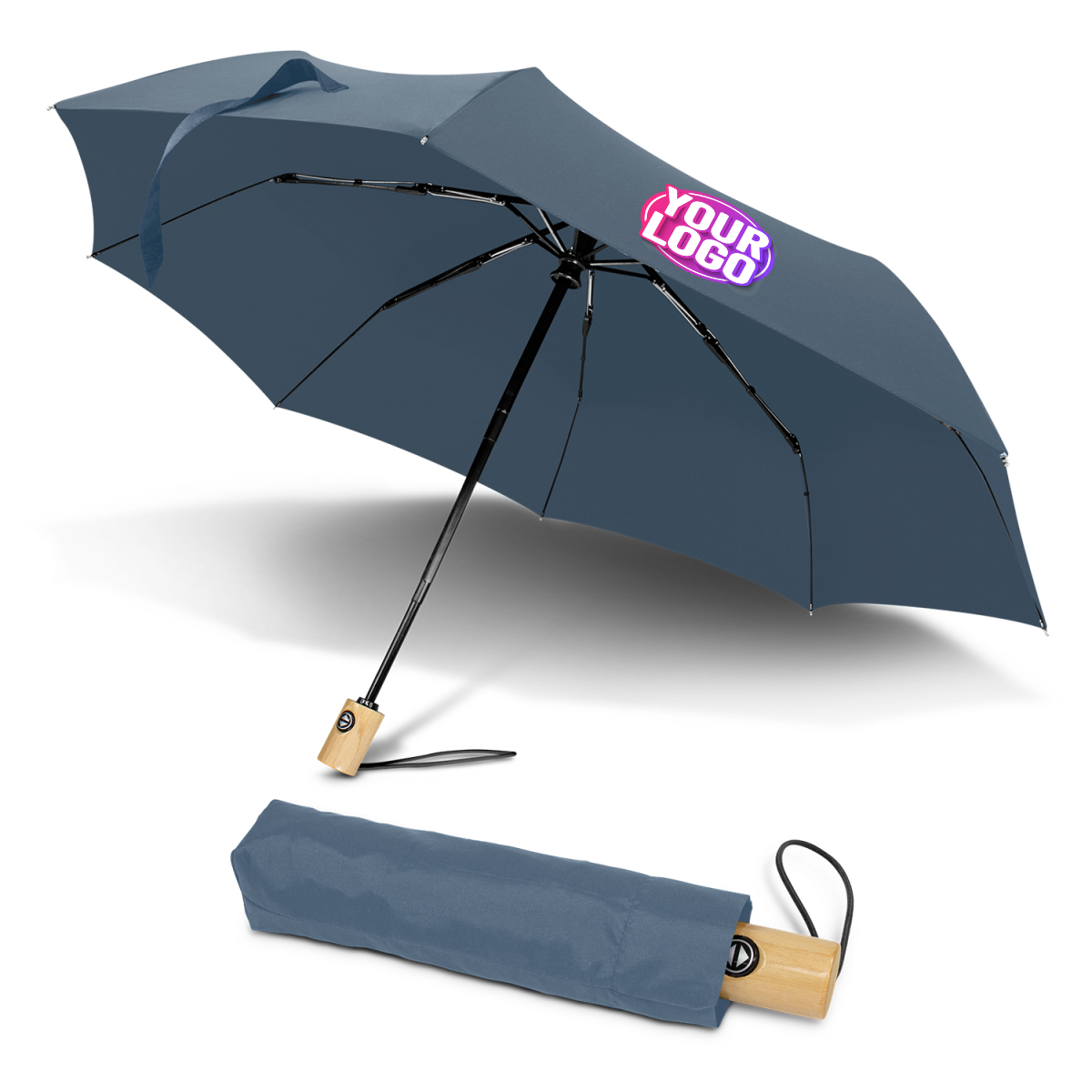 CUSTOM BRANDED - STORM PROOF ECO®️  (RPET) Personal Compact Travel Umbrella With Wind Proof Fibreglass Frame, Japanese Oak Handle & SMART Automatic Open/Close