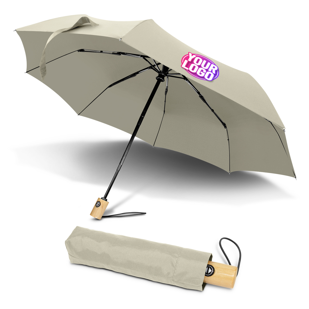 CUSTOM BRANDED - STORM PROOF ECO®️  (RPET) Personal Compact Travel Umbrella With Wind Proof Fibreglass Frame, Japanese Oak Handle & SMART Automatic Open/Close