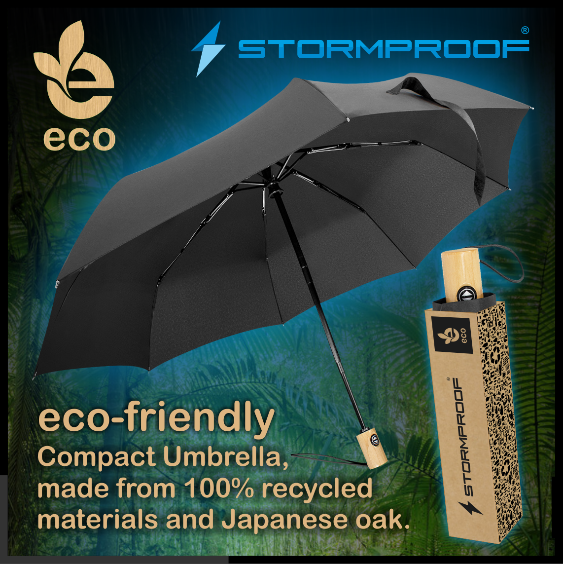 STORM PROOF ECO®️  (RPET) Personal Compact Travel Umbrella With Wind Proof Fibreglass Frame, Japanese Oak Handle & SMART Automatic Open/Close