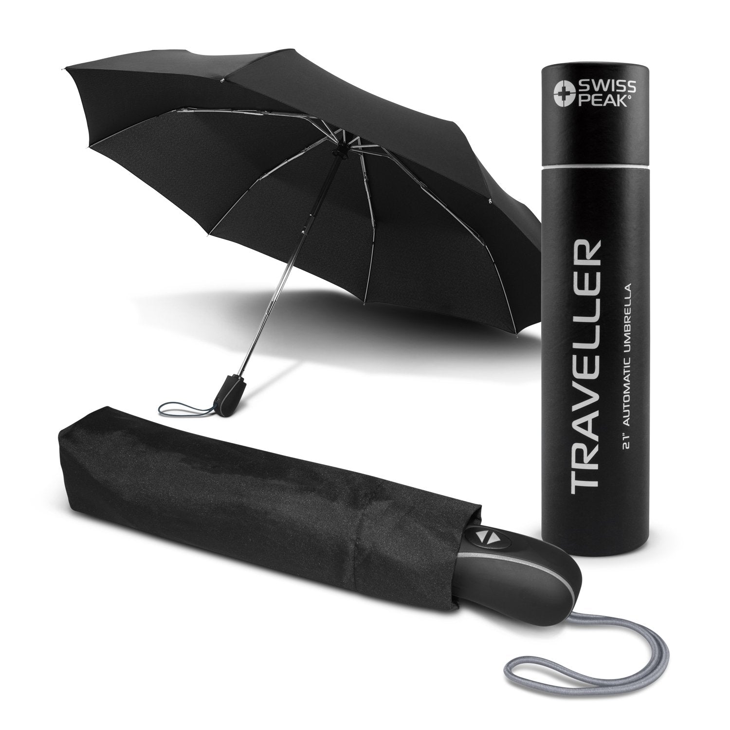 CUSTOM BRANDED - SWISS PEAK®️ TRAVELLER Premium Compact Umbrella With Wind Proof Fibreglass Frame - SMART Automatic Open & Close Push Button Technology