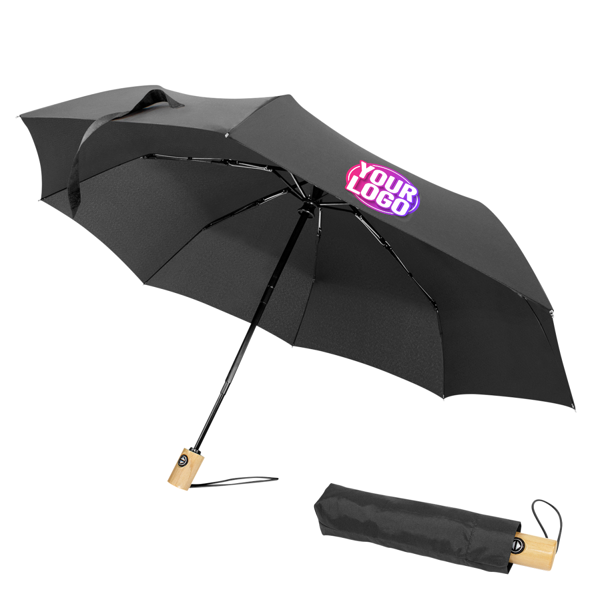 CUSTOM BRANDED - STORM PROOF ECO®️  (RPET) Personal Compact Travel Umbrella With Wind Proof Fibreglass Frame, Japanese Oak Handle & SMART Automatic Open/Close