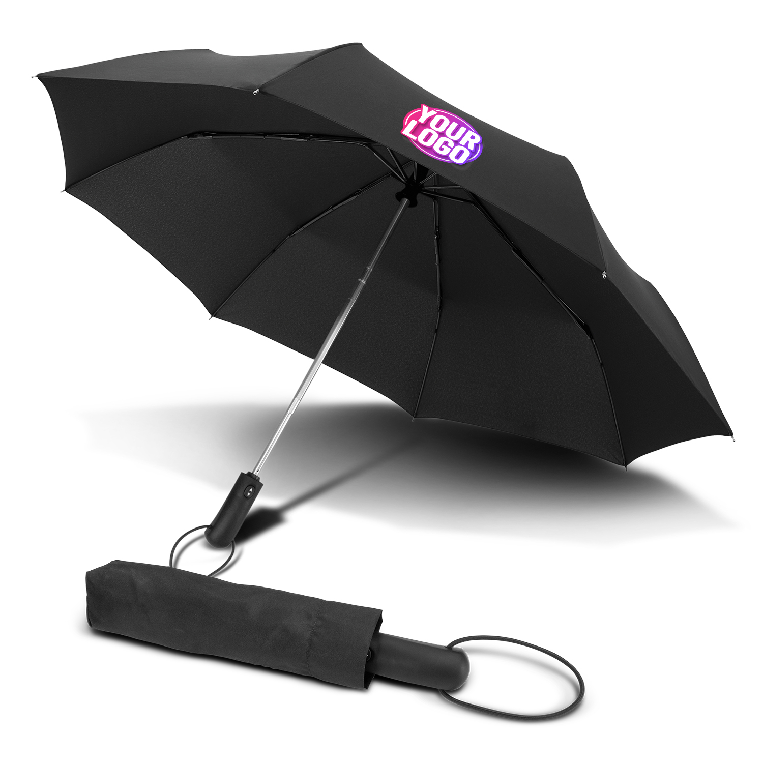 CUSTOM BRANDED - STORM PROOF ULTIMATE COMPACT®️  Premium Collapsible Umbrella With Heavy Duty Steel Frame  - SMART Automatic Open & Close Push Button Technology