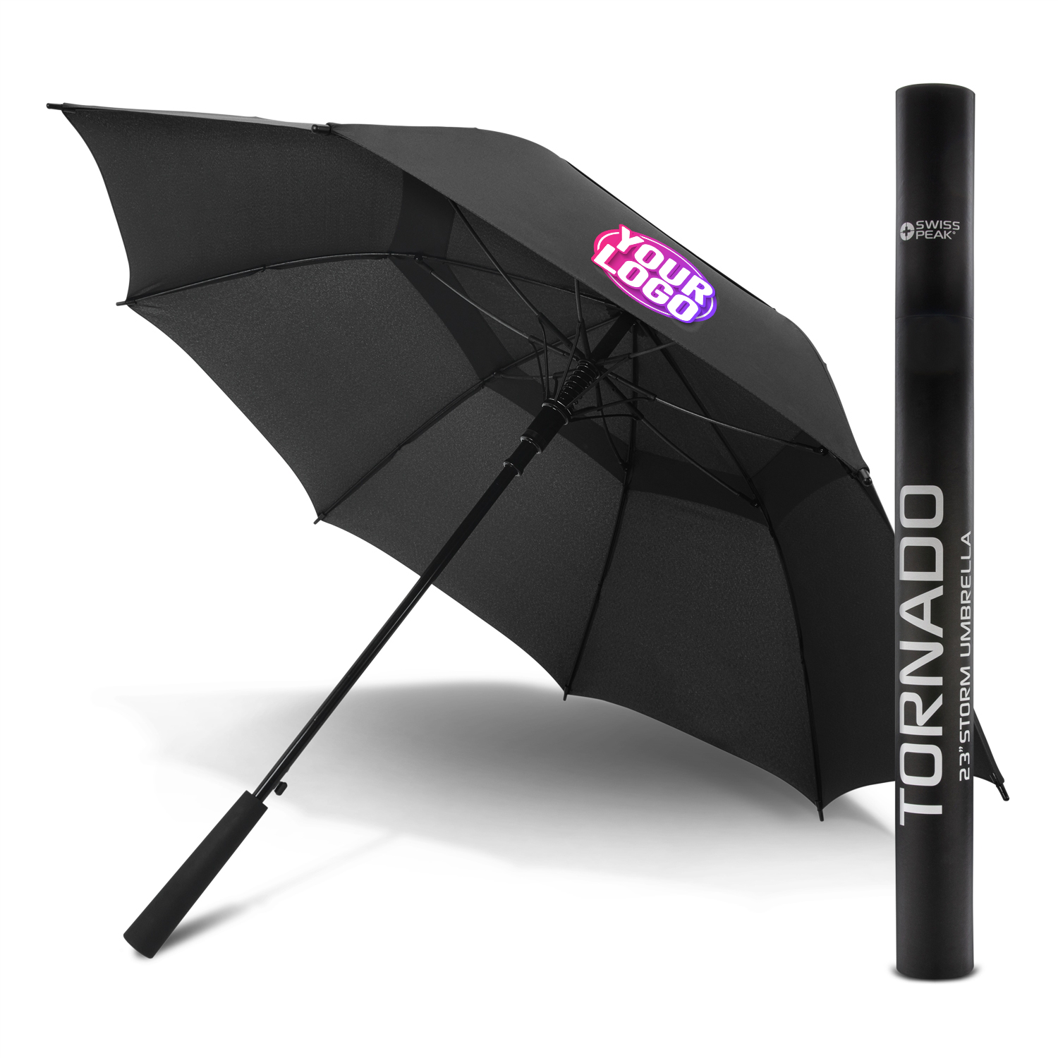 CUSTOM BRANDED - SWISS PEAK®️ TORNADO Heavy Duty Umbrella With Double Layer Wind Vent System, Wind Proof Fibreglass Frame - Auto-Open Push Button Feature